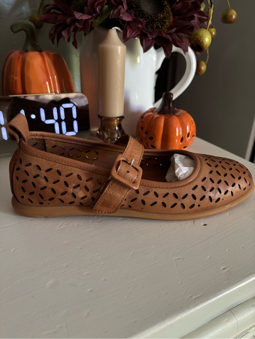 Miz Mooz Tan Perforated Mary Jane Flat with Buckle